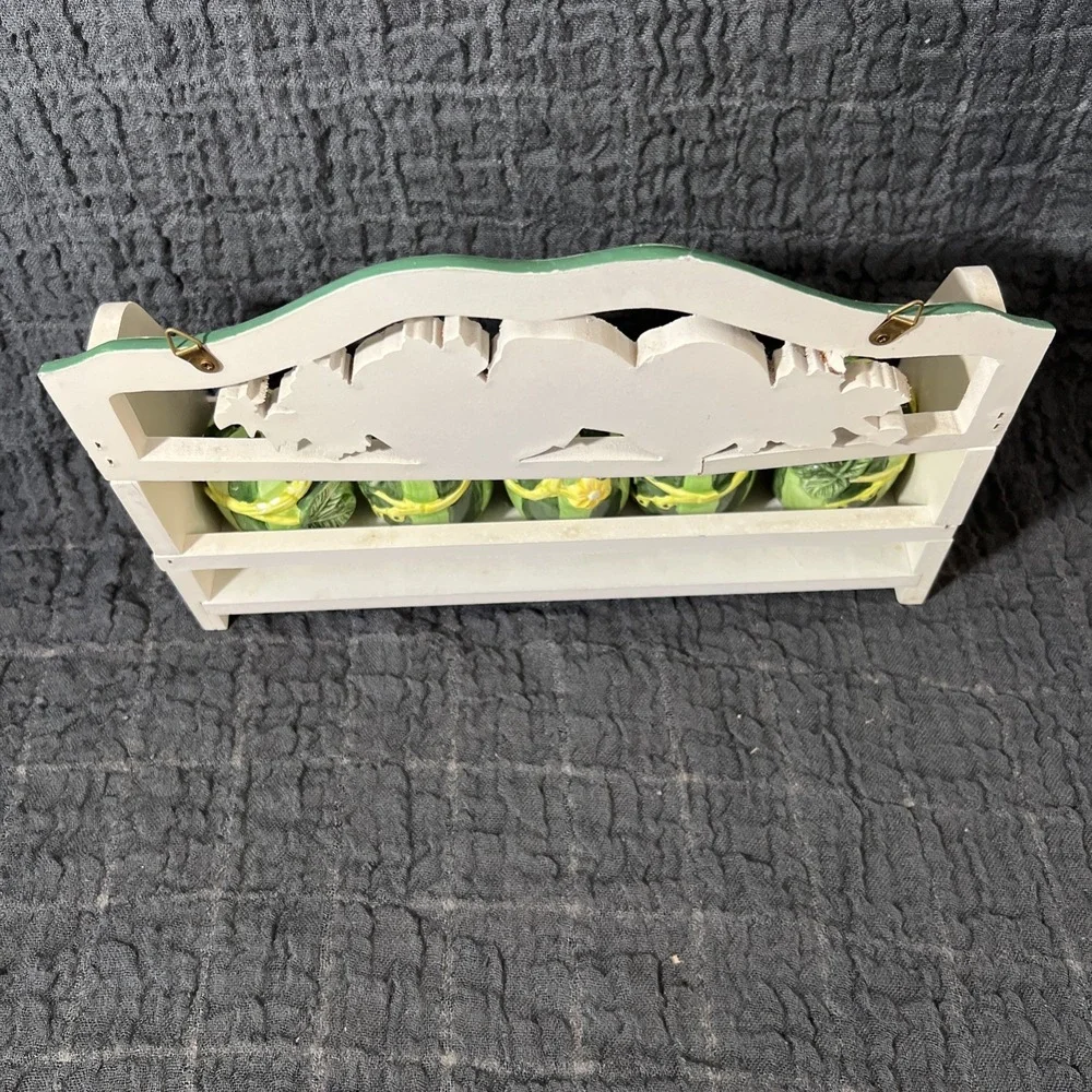 Vintage Wooden Spice Rack with 5 Ceramic Bottles Watermelon‎ Shaped
